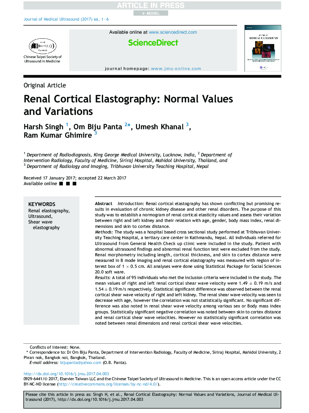 Renal Cortical Elastography: Normal Values and Variations