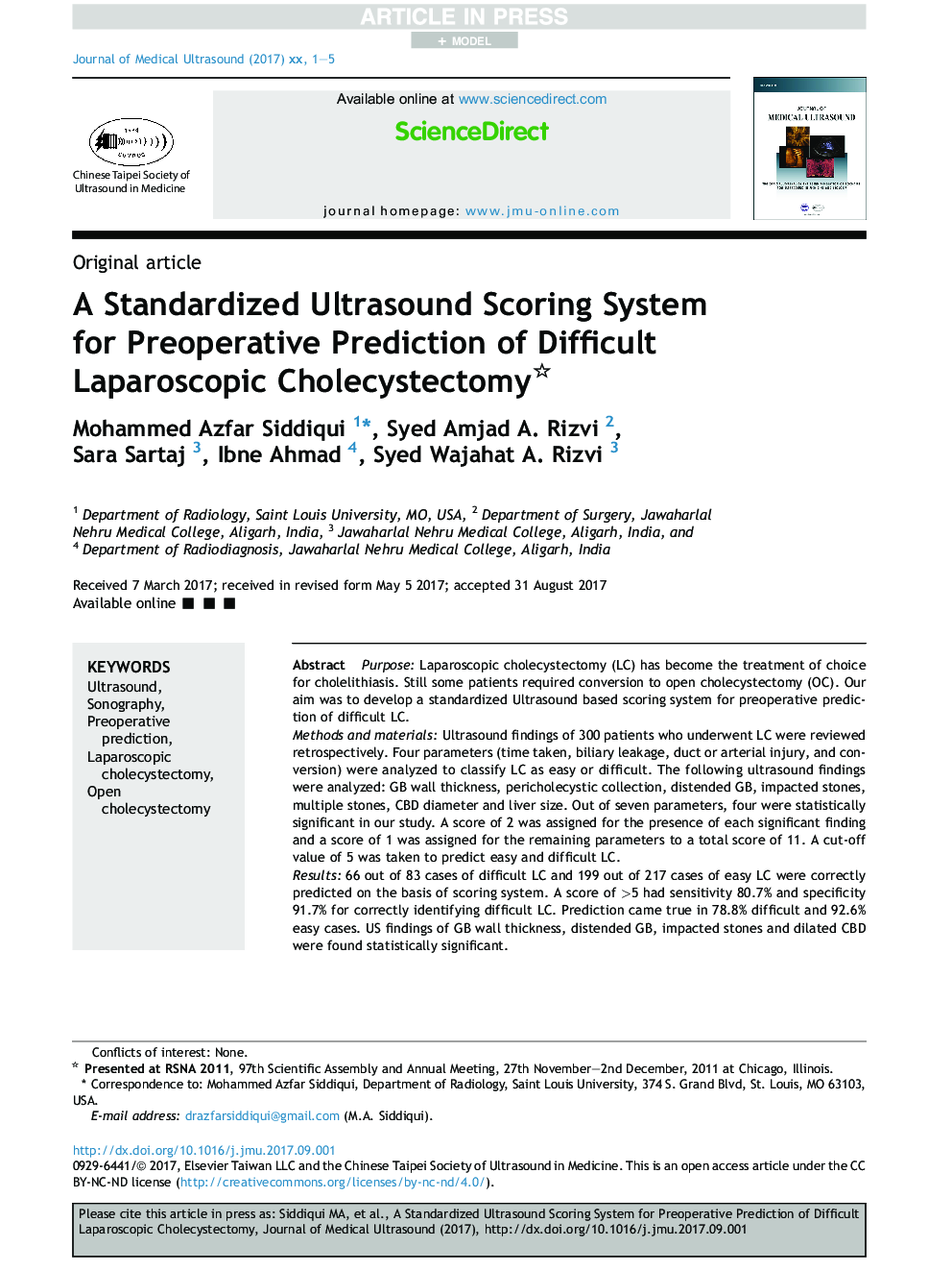 A Standardized Ultrasound Scoring System for Preoperative Prediction of Difficult Laparoscopic Cholecystectomy