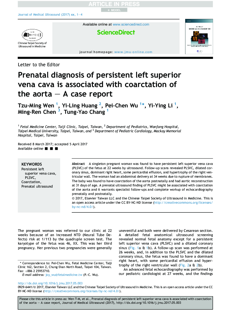 Prenatal Diagnosis of Persistent Left Superior Vena Cava is Associated with Coarctation of the Aorta - A Case Report