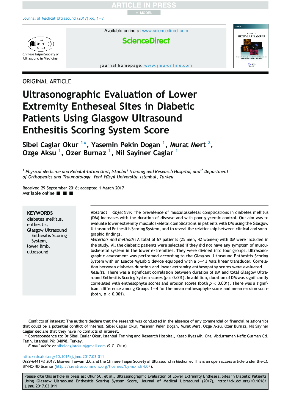 Ultrasonographic Evaluation of Lower Extremity Entheseal Sites in Diabetic Patients Using Glasgow Ultrasound EnthesitisÂ Scoring System Score