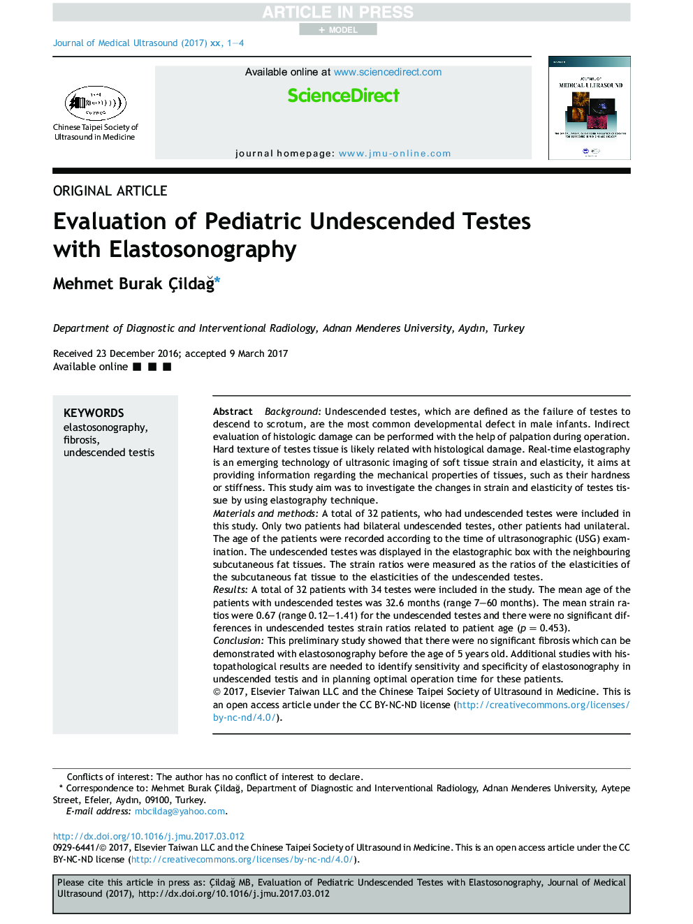 Evaluation of Pediatric Undescended Testes with Elastosonography