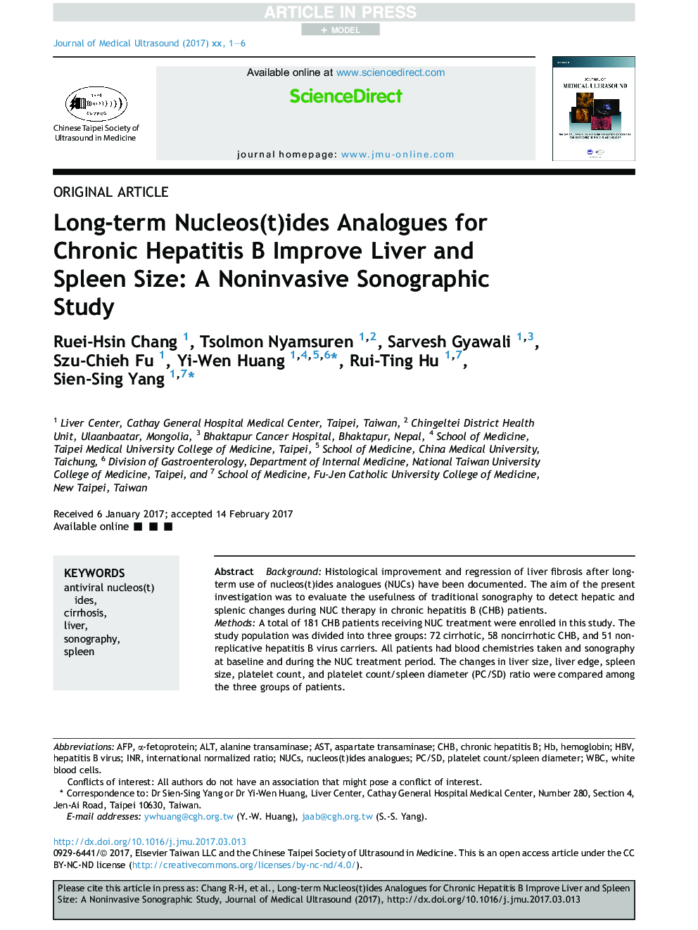 Long-term Nucleos(t)ides Analogues for Chronic Hepatitis B Improve Liver and Spleen Size: A Noninvasive Sonographic Study