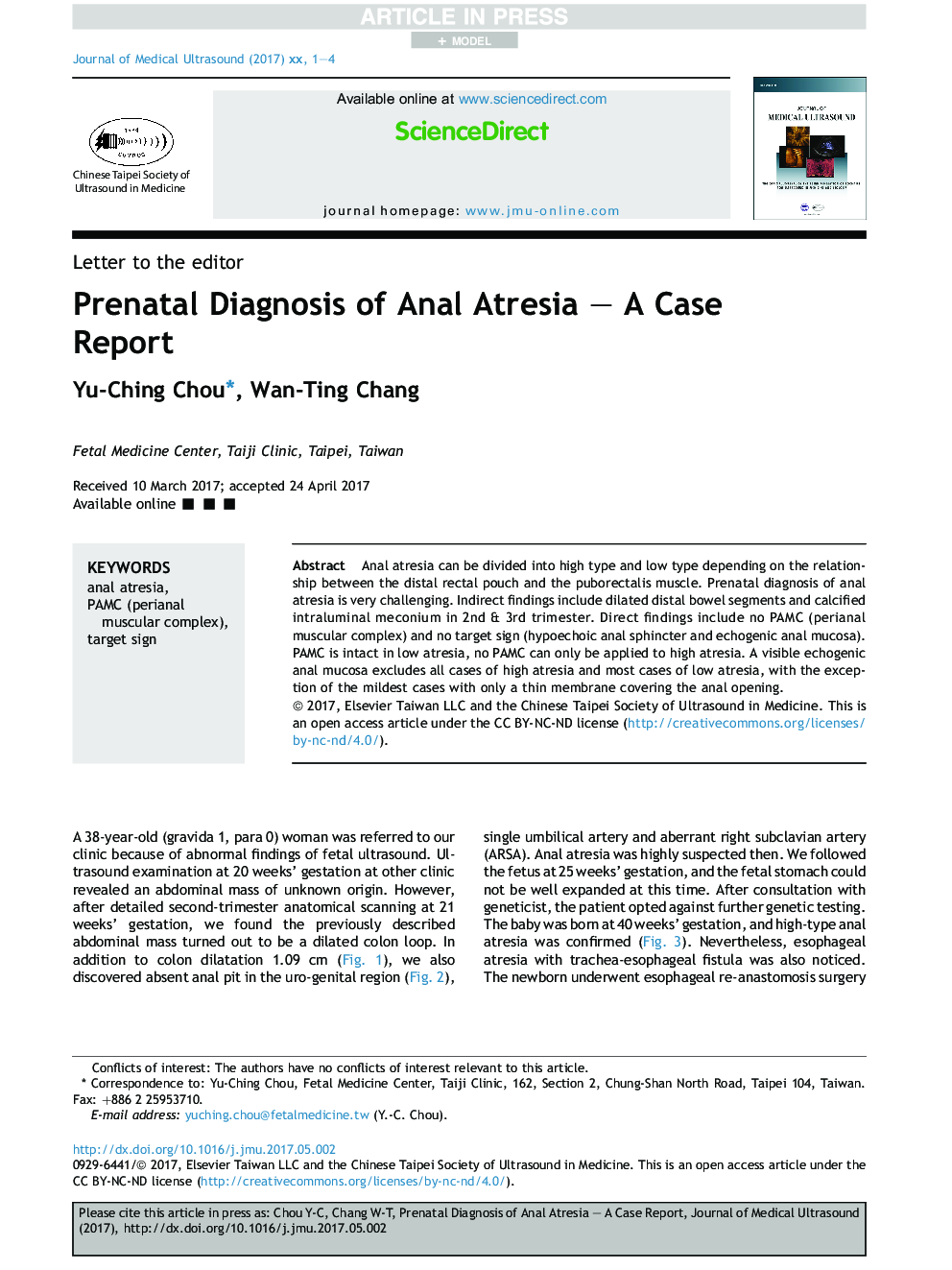 Prenatal Diagnosis of Anal Atresia - A Case Report