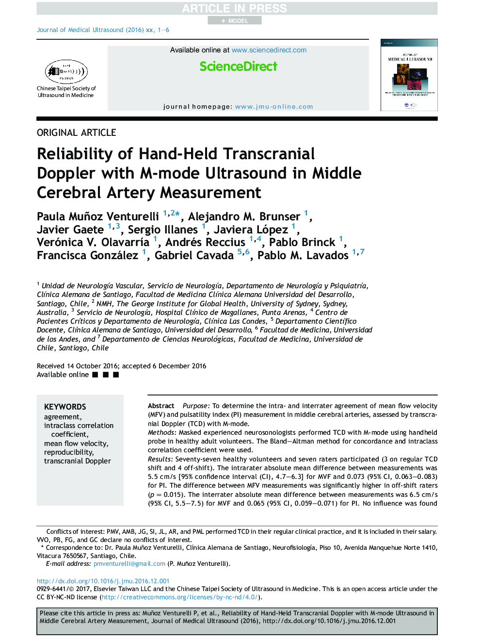 Reliability of Hand-Held Transcranial Doppler with M-mode Ultrasound in Middle Cerebral Artery Measurement