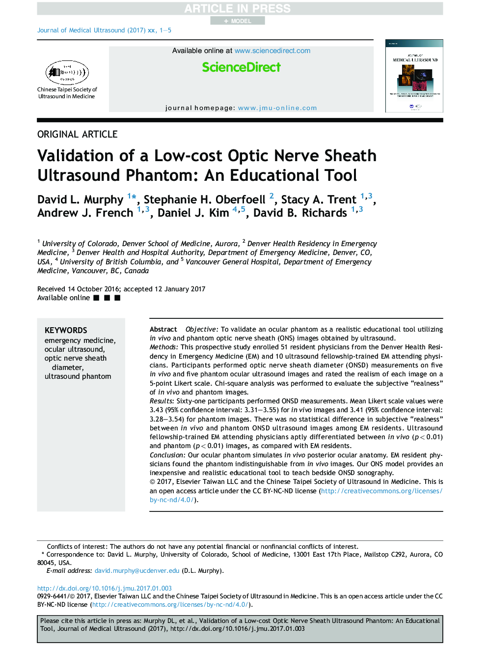 Validation of a Low-cost Optic Nerve Sheath Ultrasound Phantom: An Educational Tool