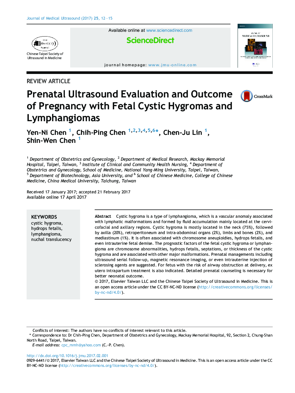 Prenatal Ultrasound Evaluation and Outcome of Pregnancy with Fetal Cystic Hygromas and Lymphangiomas