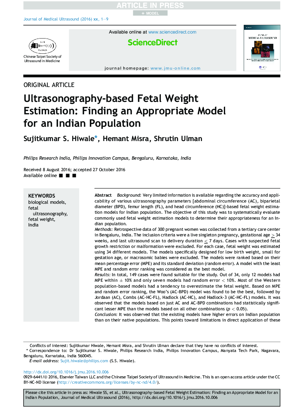 Ultrasonography-based Fetal Weight Estimation: Finding an Appropriate Model forÂ an Indian Population