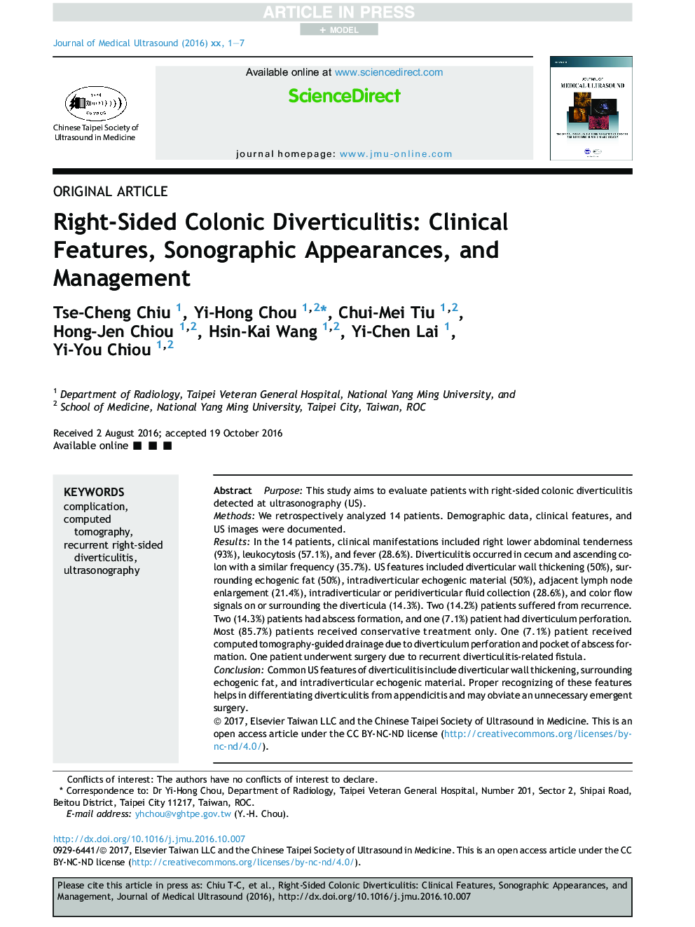 Right-Sided Colonic Diverticulitis: Clinical Features, Sonographic Appearances, and Management