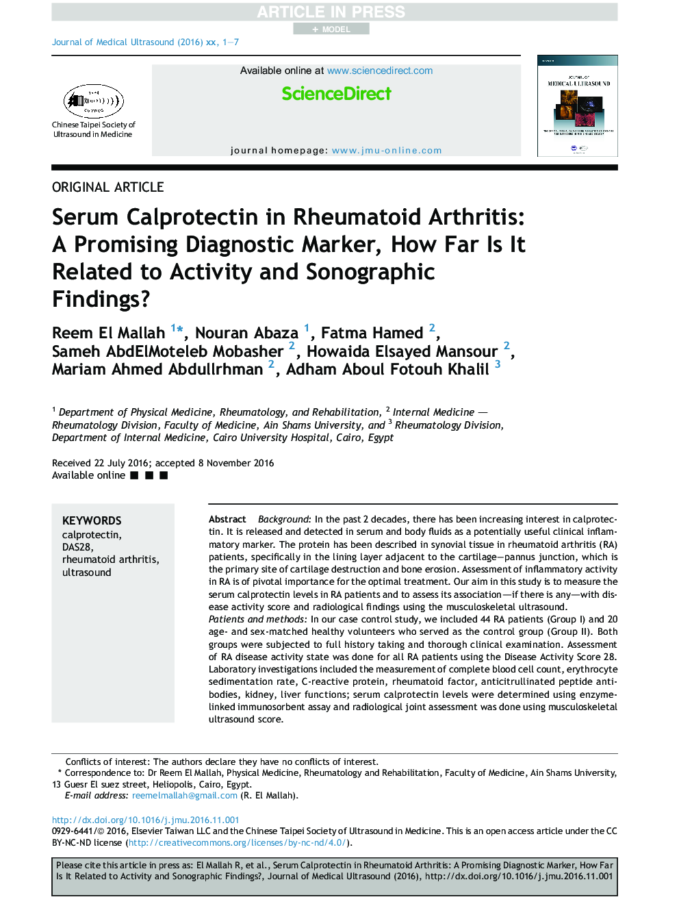 Serum Calprotectin in Rheumatoid Arthritis: A Promising Diagnostic Marker, How Far Is It Related to Activity and Sonographic Findings?