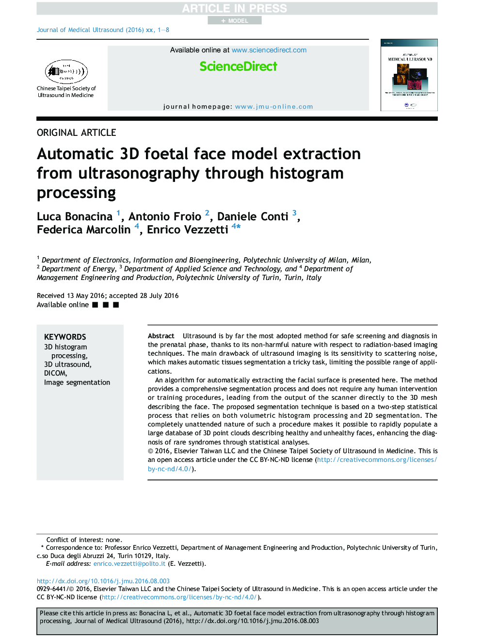 Automatic 3D foetal face model extraction from ultrasonography through histogram processing