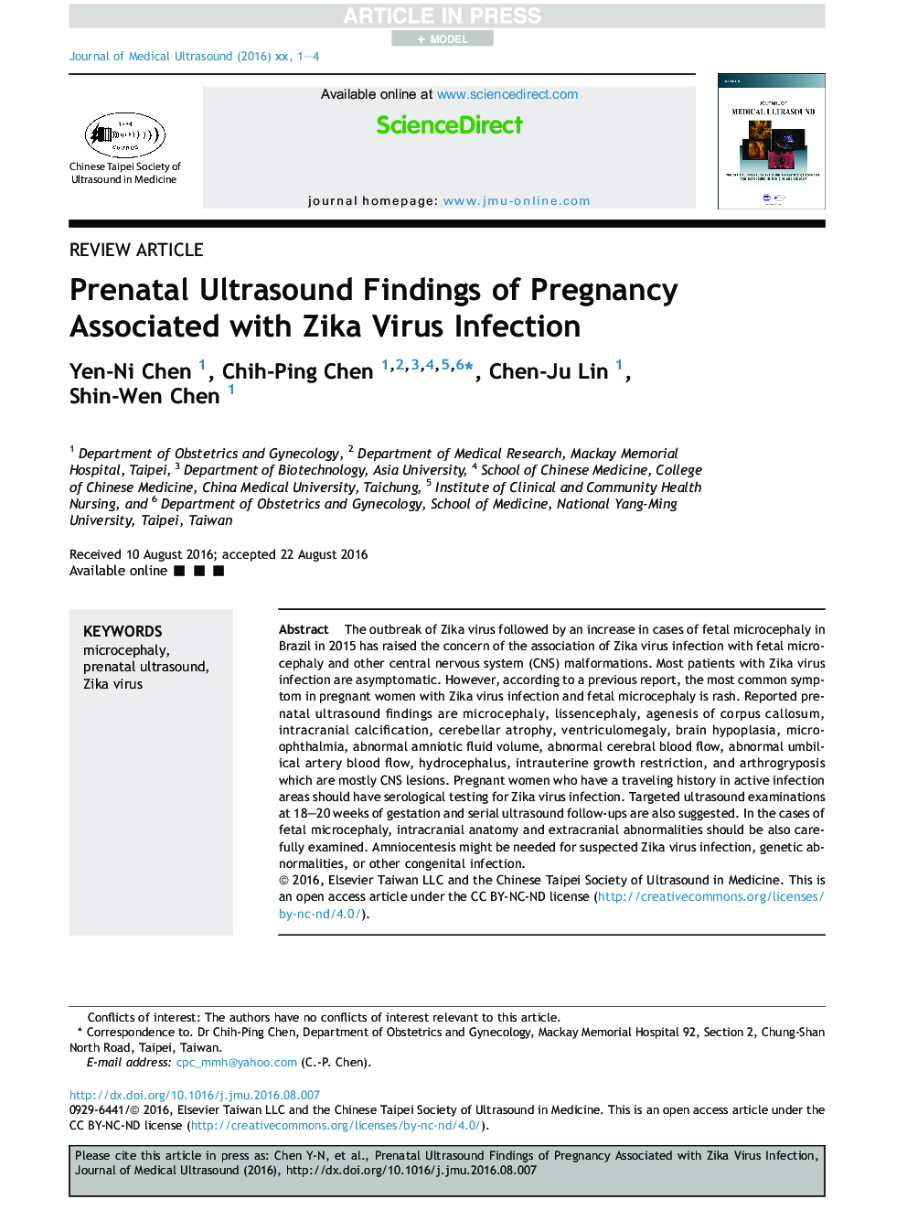 Prenatal Ultrasound Findings of Pregnancy Associated with Zika Virus Infection