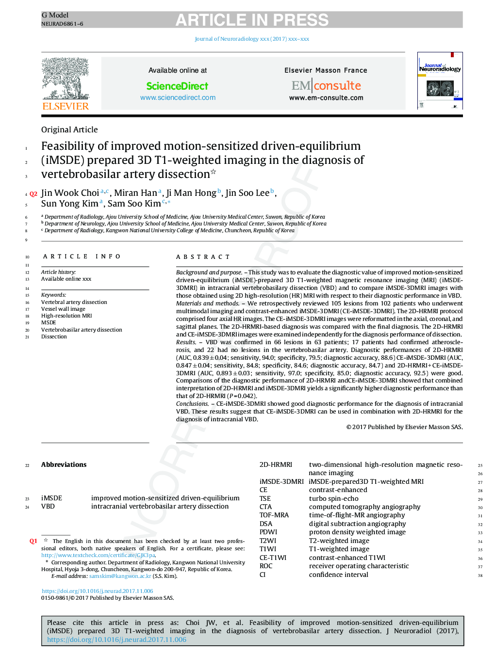 Feasibility of improved motion-sensitized driven-equilibrium (iMSDE) prepared 3D T1-weighted imaging in the diagnosis of vertebrobasilar artery dissection