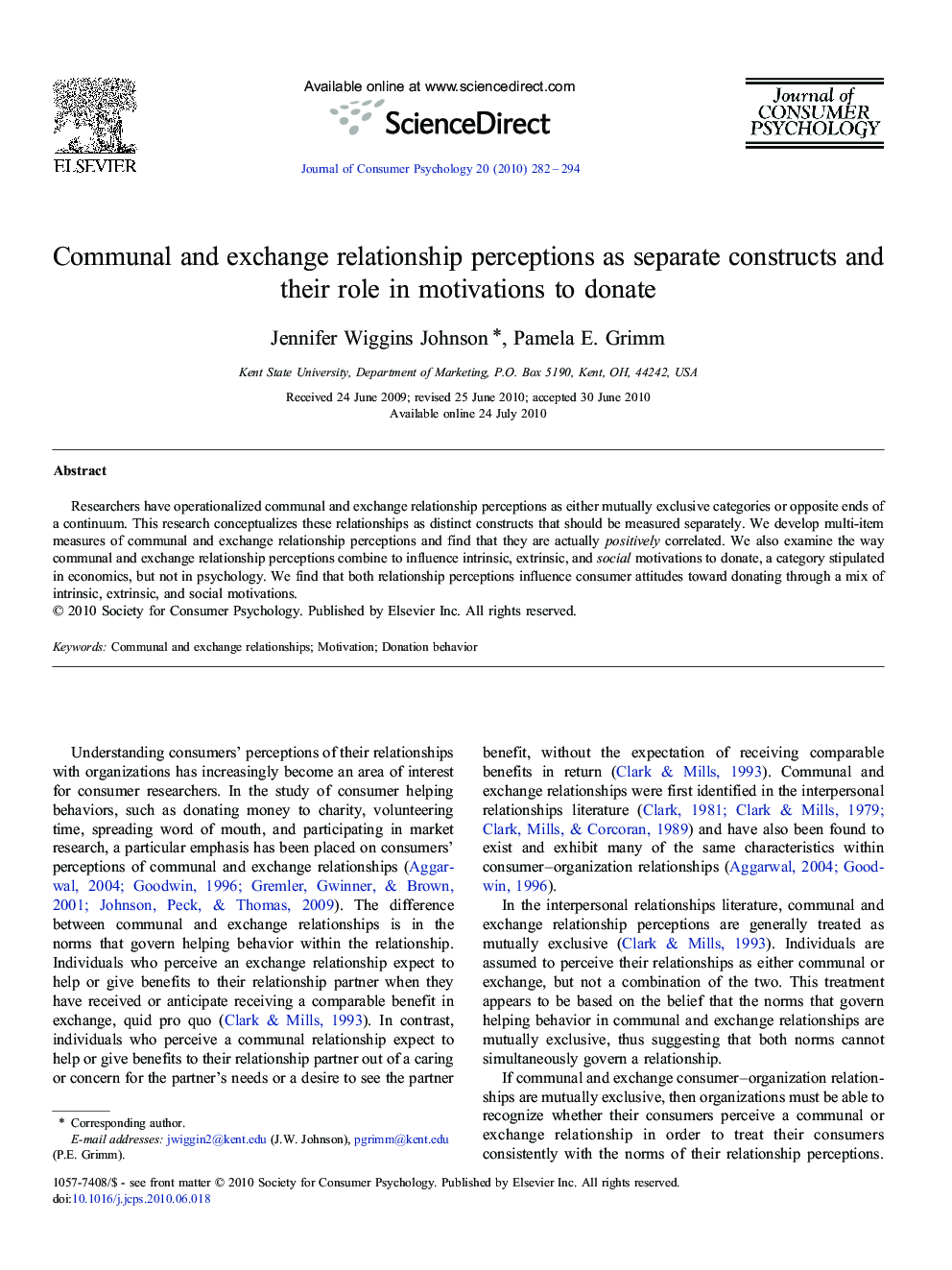 Communal and exchange relationship perceptions as separate constructs and their role in motivations to donate