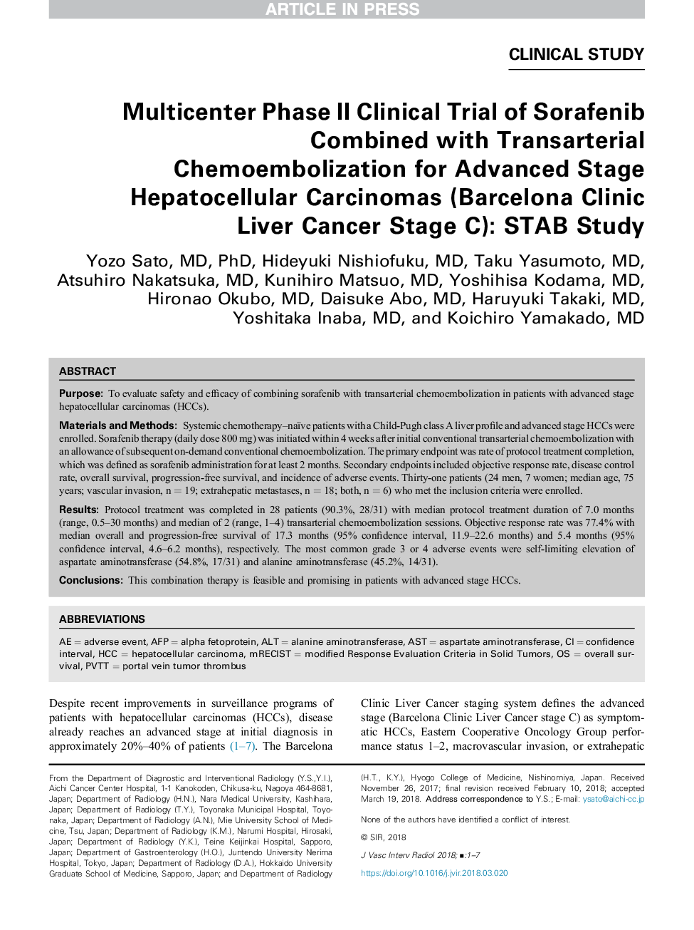 Multicenter Phase II Clinical Trial of Sorafenib Combined with Transarterial Chemoembolization for Advanced Stage Hepatocellular Carcinomas (Barcelona Clinic Liver Cancer Stage C): STAB Study