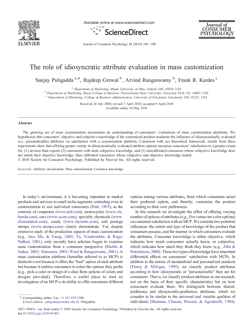 The role of idiosyncratic attribute evaluation in mass customization