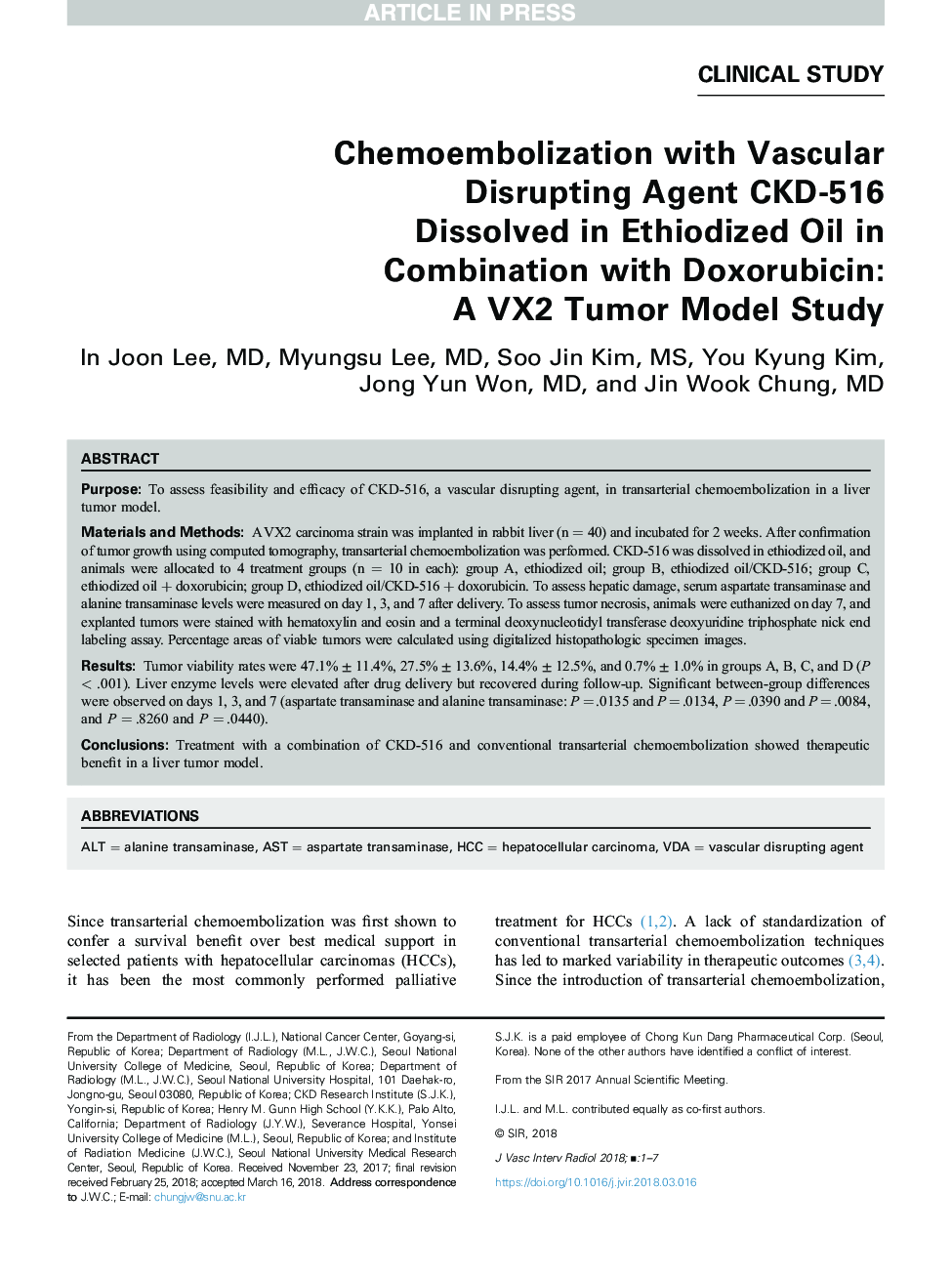 Chemoembolization with Vascular Disrupting Agent CKD-516 Dissolved in Ethiodized Oil in Combination with Doxorubicin: AÂ VX2 Tumor Model Study