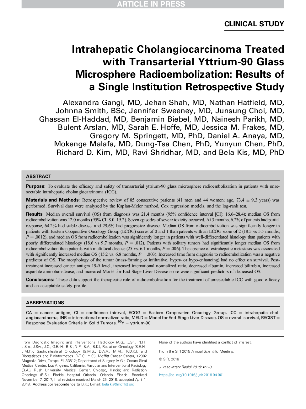 Intrahepatic Cholangiocarcinoma Treated with Transarterial Yttrium-90 Glass Microsphere Radioembolization: Results of a Single Institution Retrospective Study