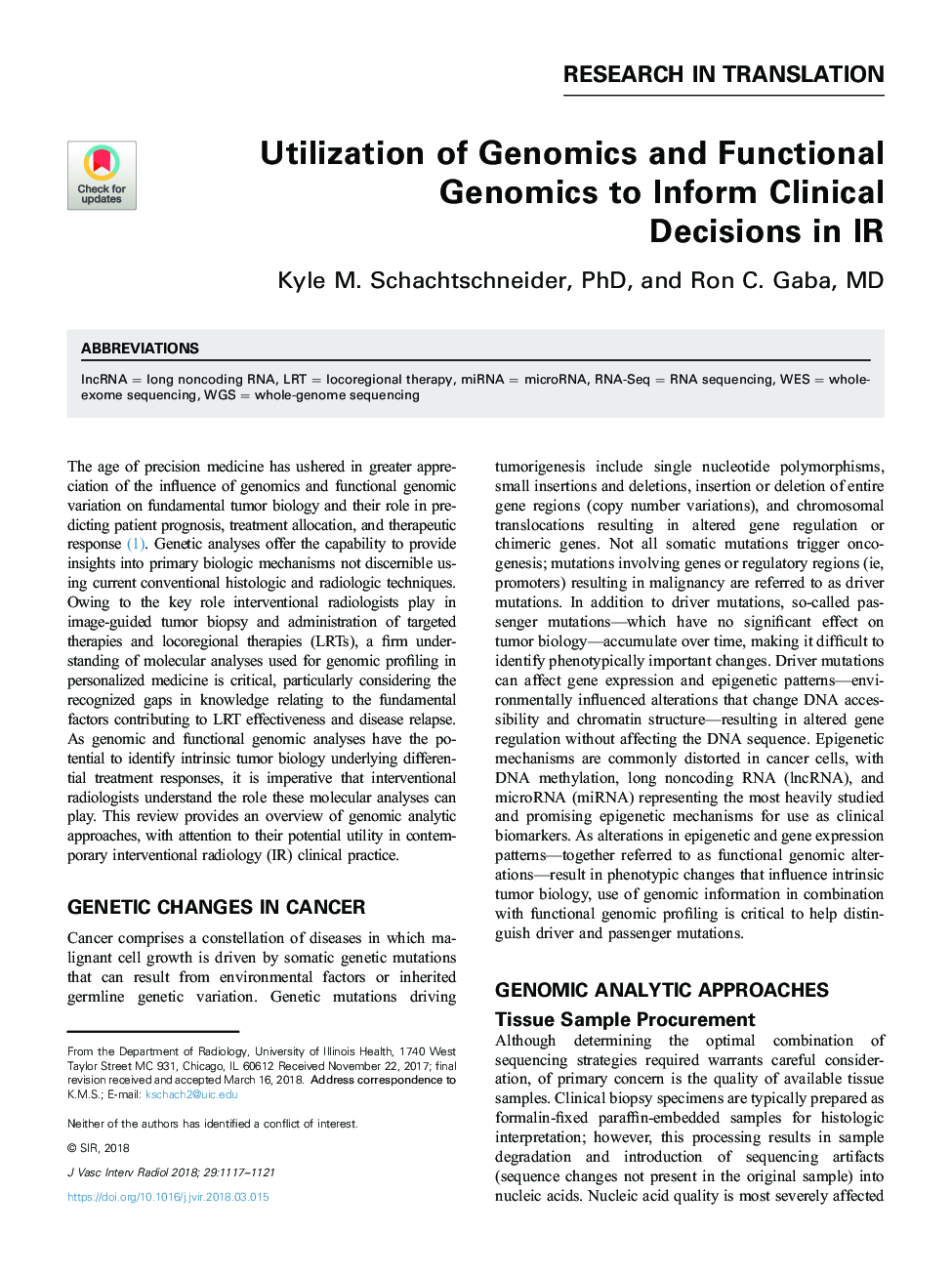 Utilization of Genomics and Functional Genomics to Inform Clinical DecisionsÂ in IR