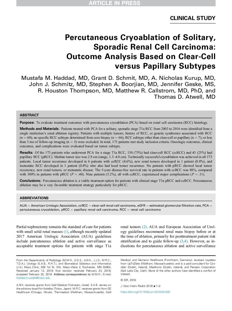 Percutaneous Cryoablation of Solitary, Sporadic Renal Cell Carcinoma: Outcome Analysis Based on Clear-Cell versus Papillary Subtypes