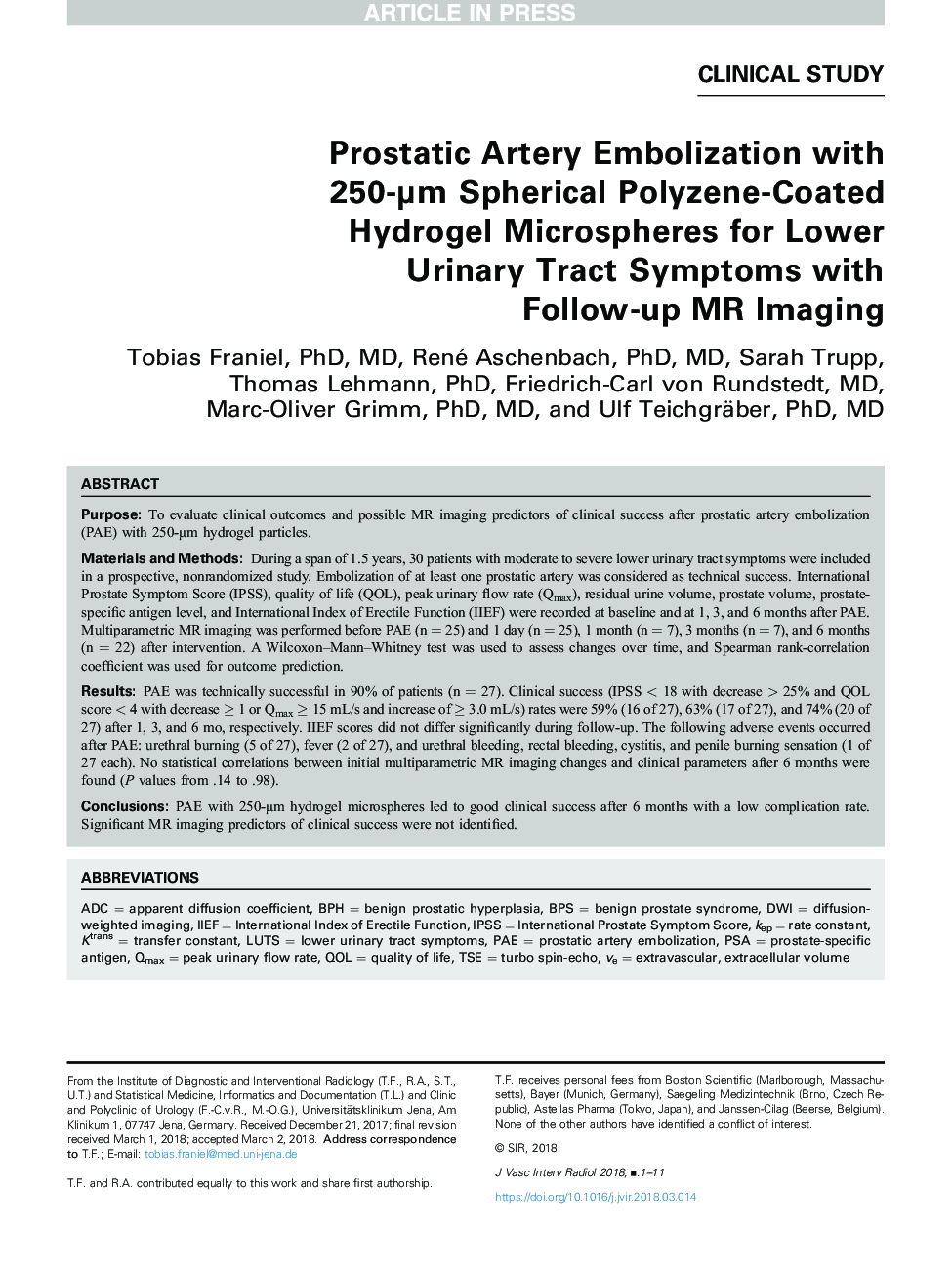 Prostatic Artery Embolization with 250-Î¼m Spherical Polyzene-Coated Hydrogel Microspheres for Lower Urinary Tract Symptoms with Follow-up MR Imaging