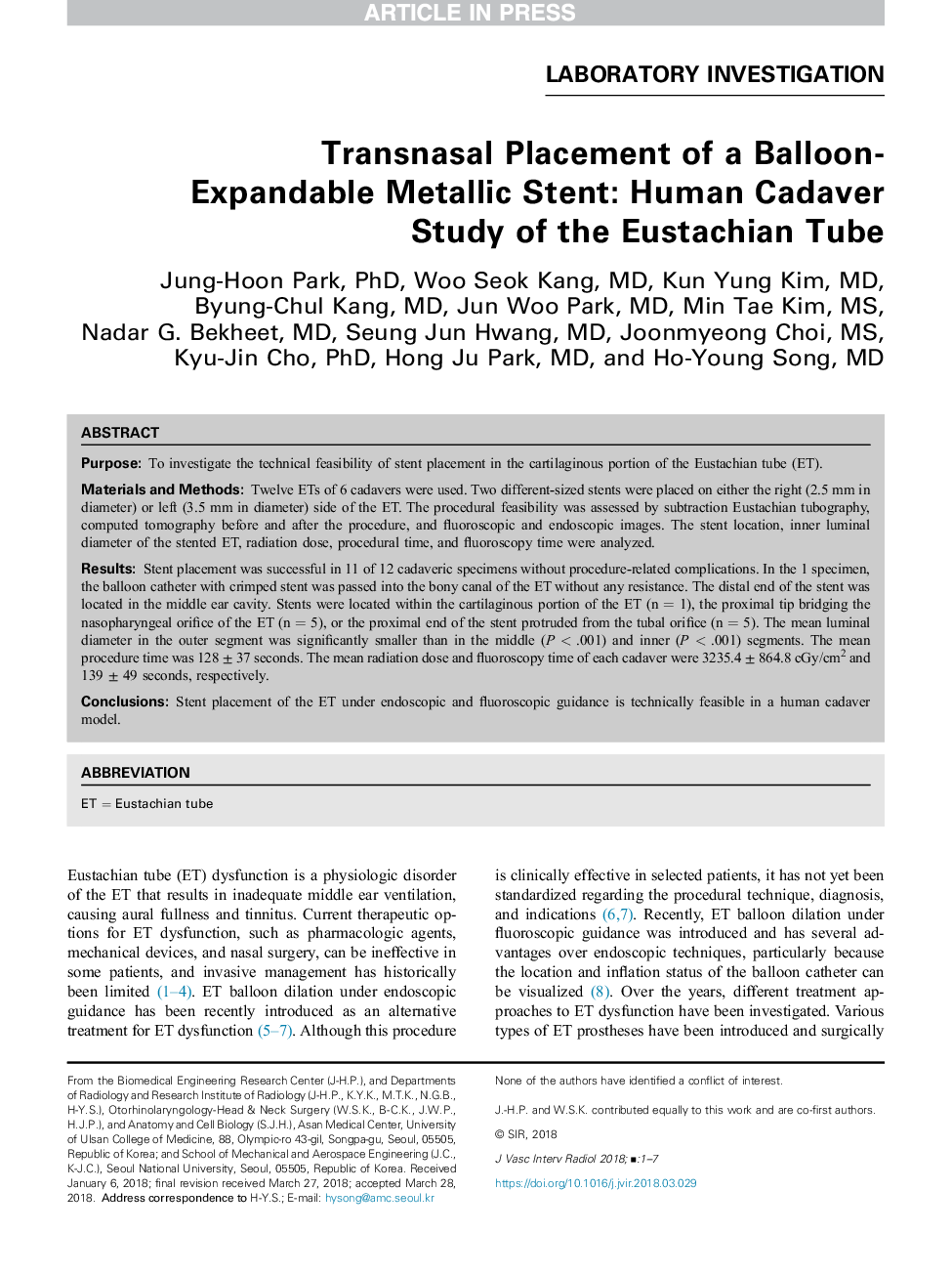 Transnasal Placement of a Balloon-ExpandableÂ Metallic Stent: Human Cadaver StudyÂ of the Eustachian Tube