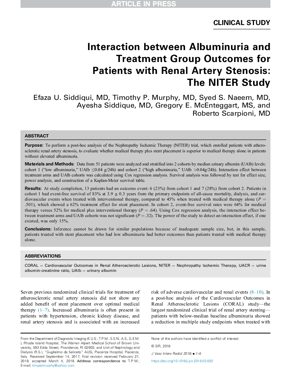 Interaction between Albuminuria and Treatment Group Outcomes for Patients with Renal Artery Stenosis: The NITER Study