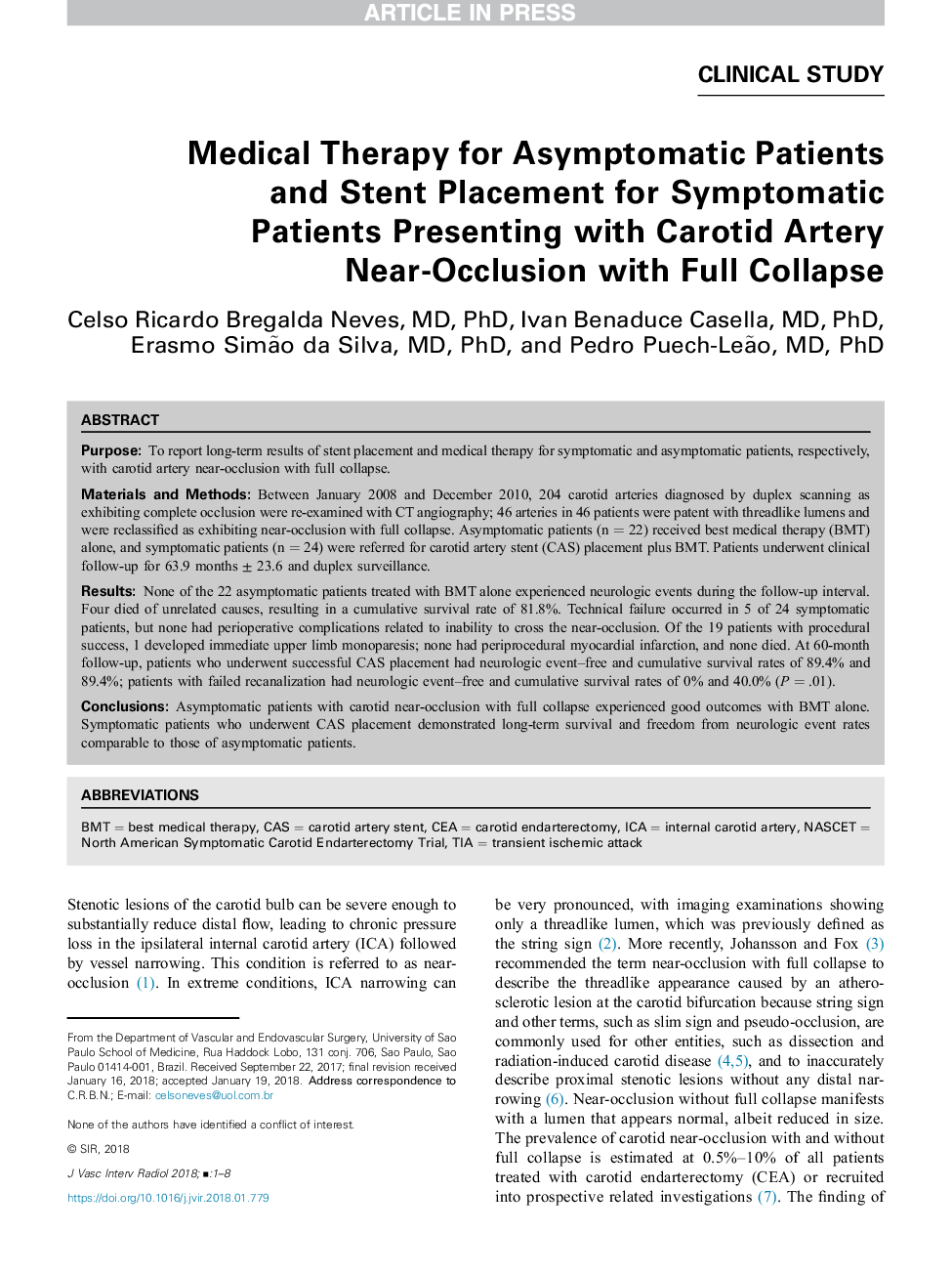 Medical Therapy for Asymptomatic Patients and Stent Placement for Symptomatic Patients Presenting with Carotid Artery Near-Occlusion with Full Collapse