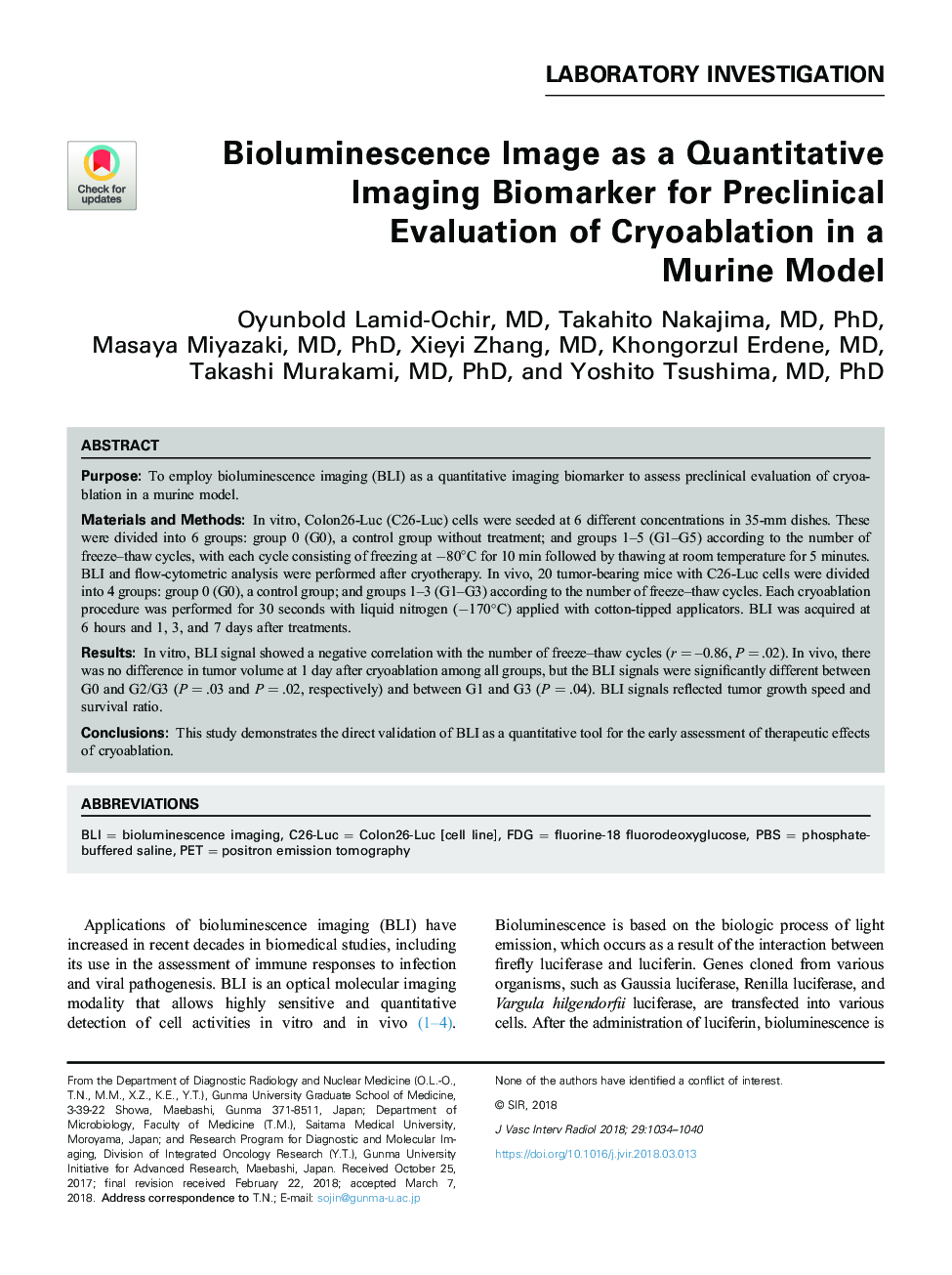 Bioluminescence Image as a Quantitative Imaging Biomarker for Preclinical Evaluation of Cryoablation in a MurineÂ Model