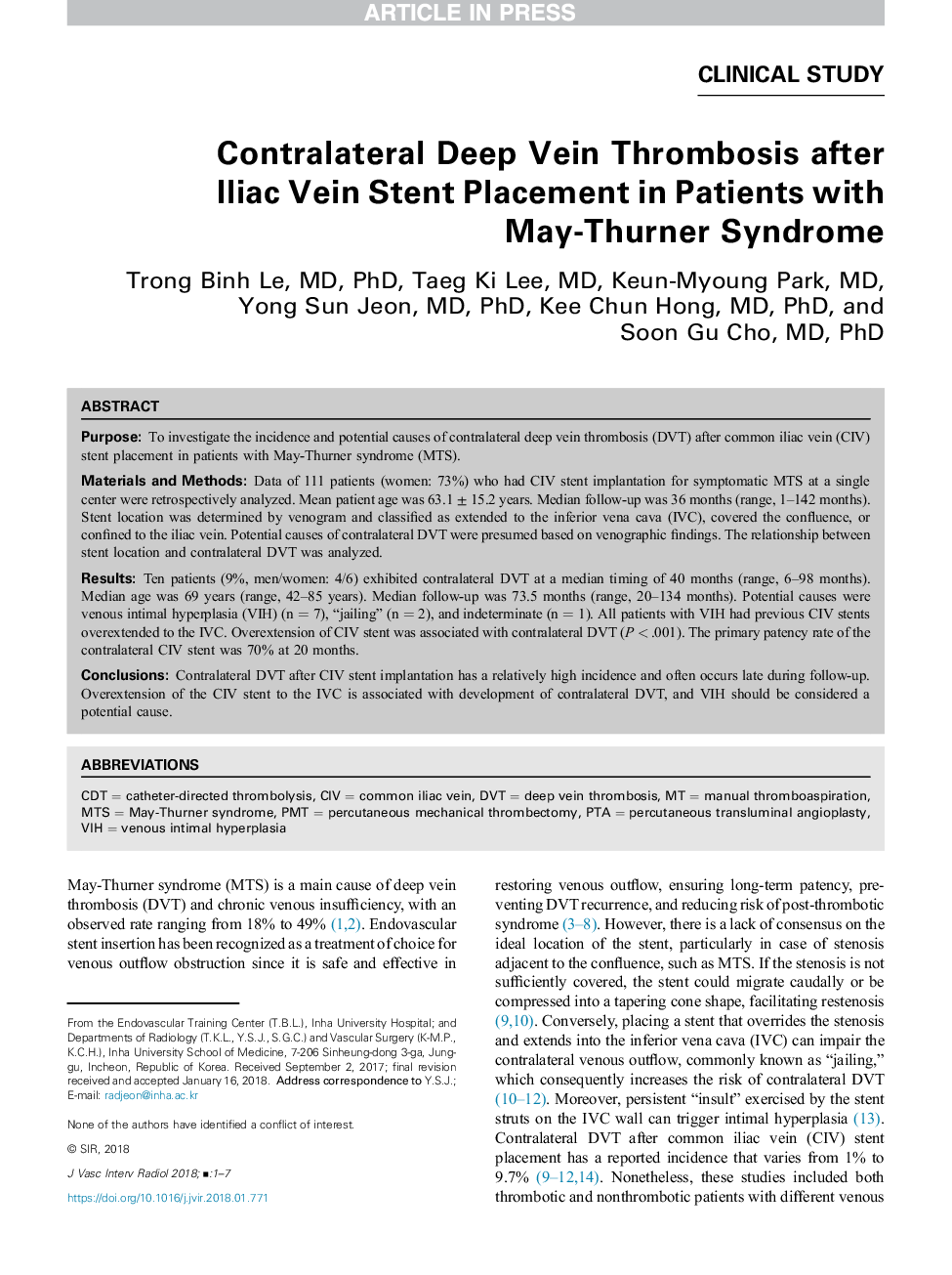 Contralateral Deep Vein Thrombosis after Iliac Vein Stent Placement in Patients with May-Thurner Syndrome
