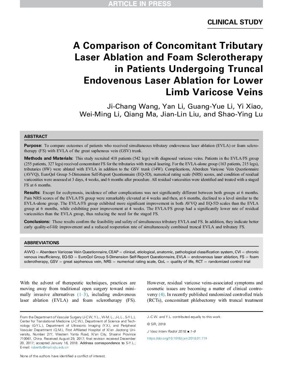 A Comparison of Concomitant Tributary Laser Ablation and Foam Sclerotherapy in Patients Undergoing Truncal Endovenous Laser Ablation for Lower Limb Varicose Veins