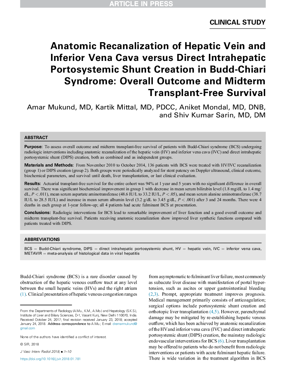 Anatomic Recanalization of Hepatic Vein and Inferior Vena Cava versus Direct Intrahepatic Portosystemic Shunt Creation in Budd-Chiari Syndrome: Overall Outcome and Midterm Transplant-Free Survival