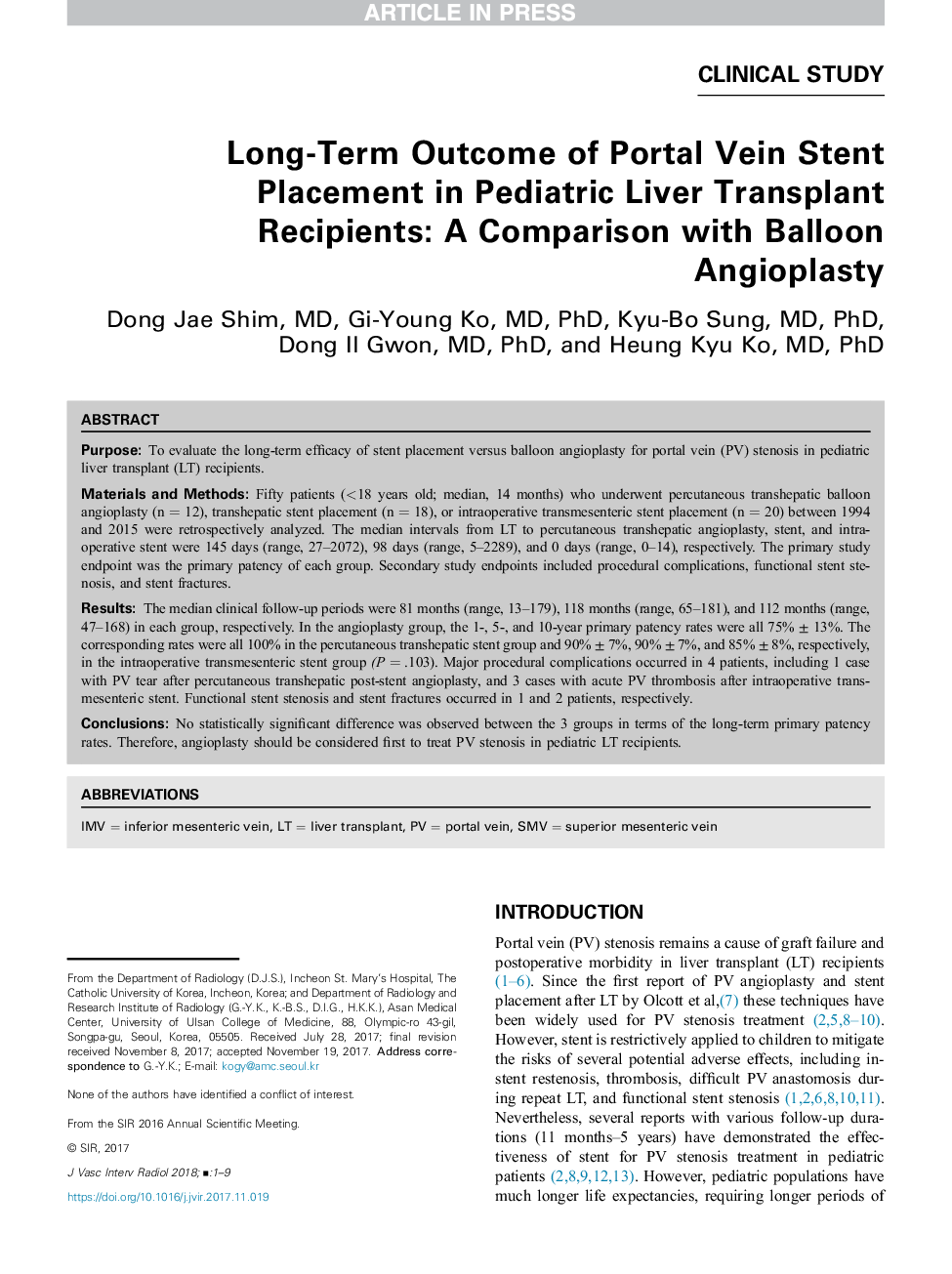 Long-Term Outcome of Portal Vein Stent Placement in Pediatric Liver Transplant Recipients: A Comparison with Balloon Angioplasty