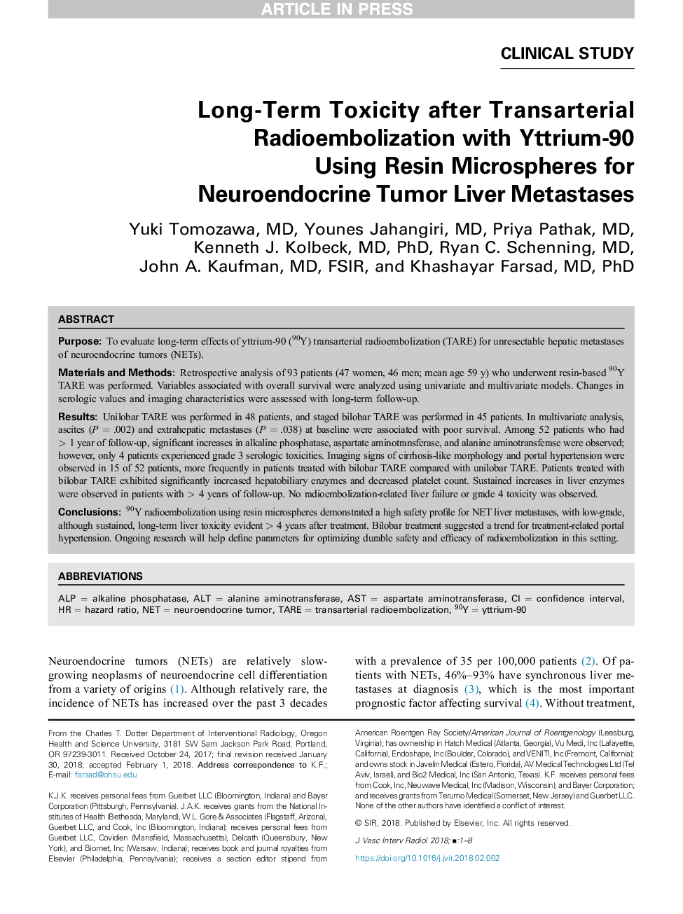 Long-Term Toxicity after Transarterial Radioembolization with Yttrium-90 Using Resin Microspheres for Neuroendocrine Tumor Liver Metastases