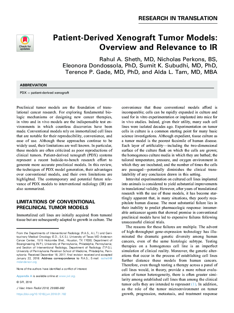 Patient-Derived Xenograft Tumor Models: Overview and Relevance to IR