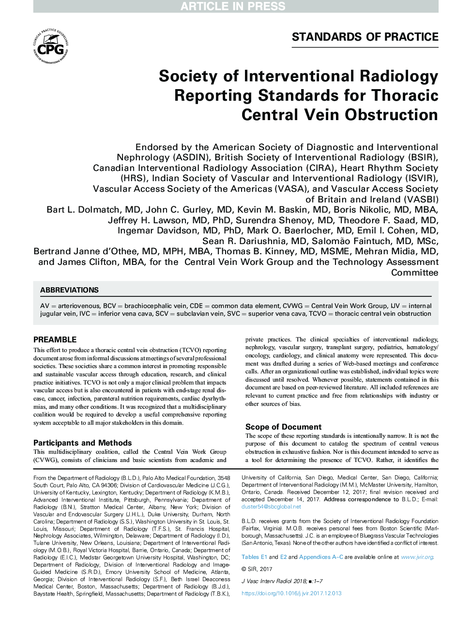 Society of Interventional Radiology Reporting Standards for Thoracic Central Vein Obstruction