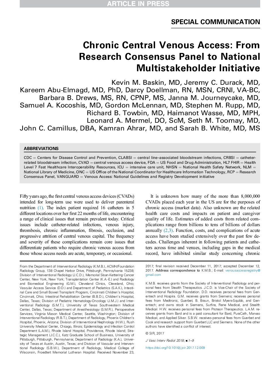 Chronic Central Venous Access: From Research Consensus Panel to National Multistakeholder Initiative