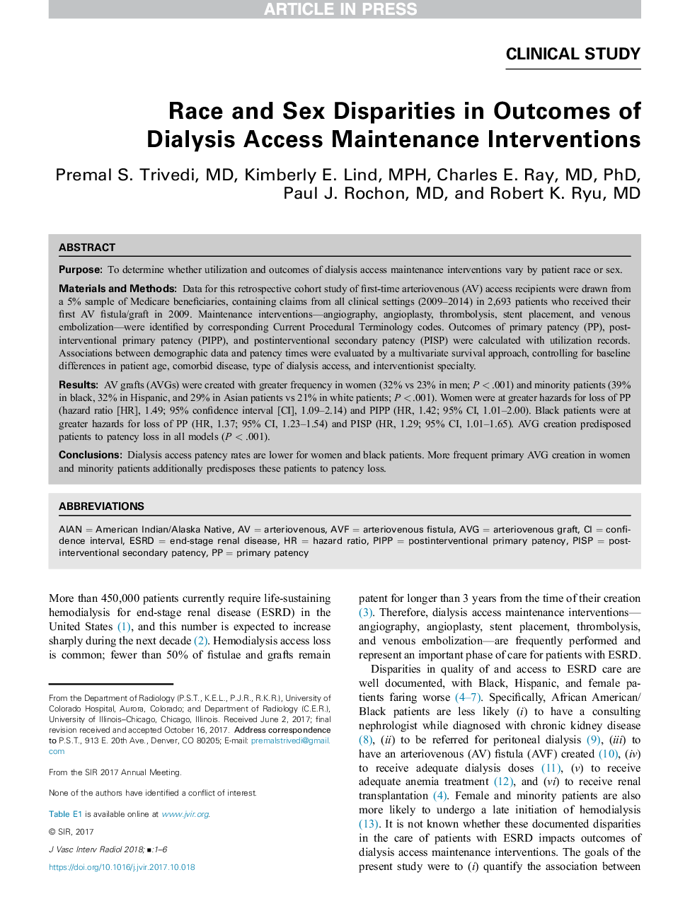 Race and Sex Disparities in Outcomes of Dialysis Access Maintenance Interventions