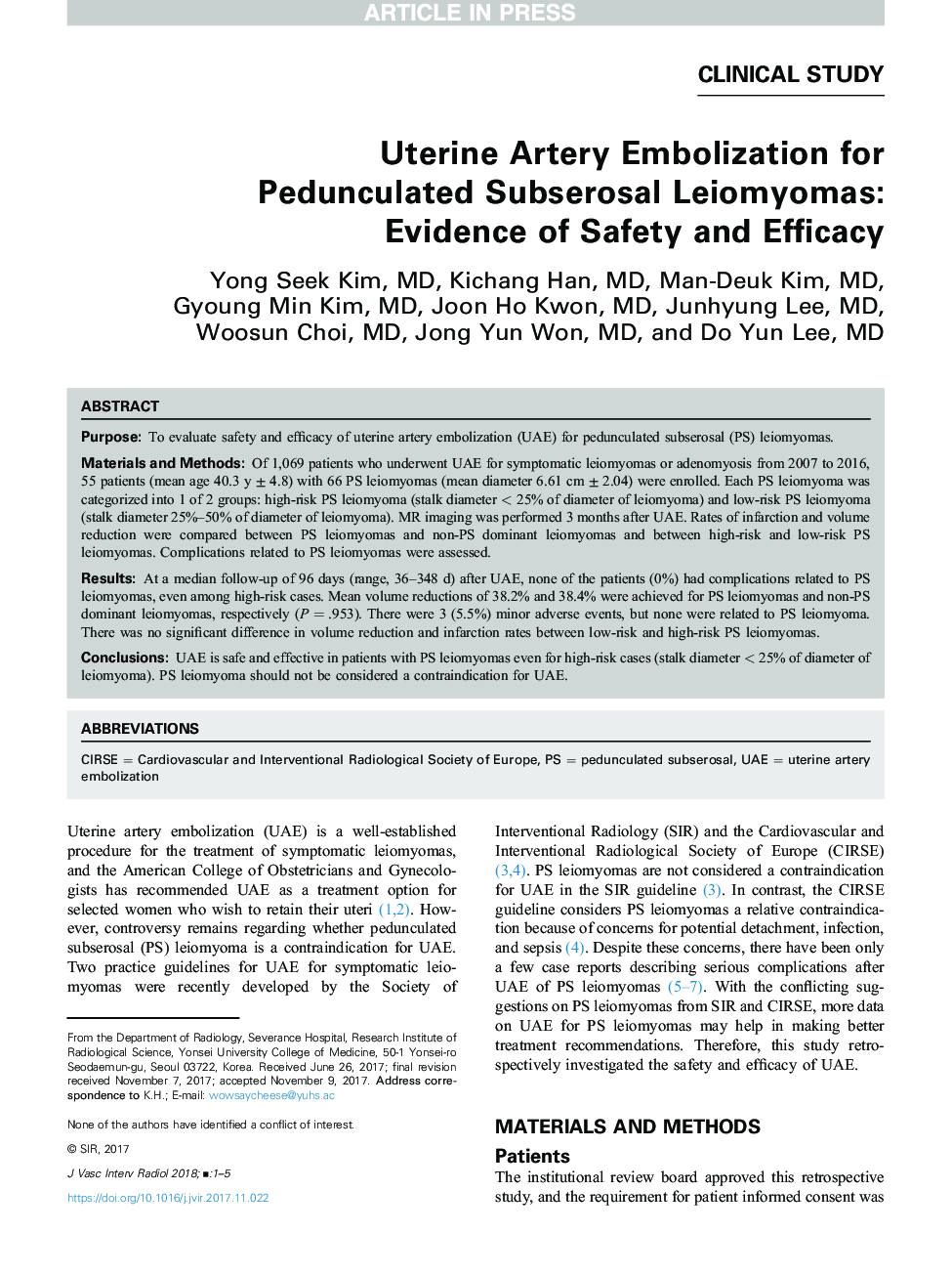 Uterine Artery Embolization for Pedunculated Subserosal Leiomyomas: Evidence of Safety and Efficacy