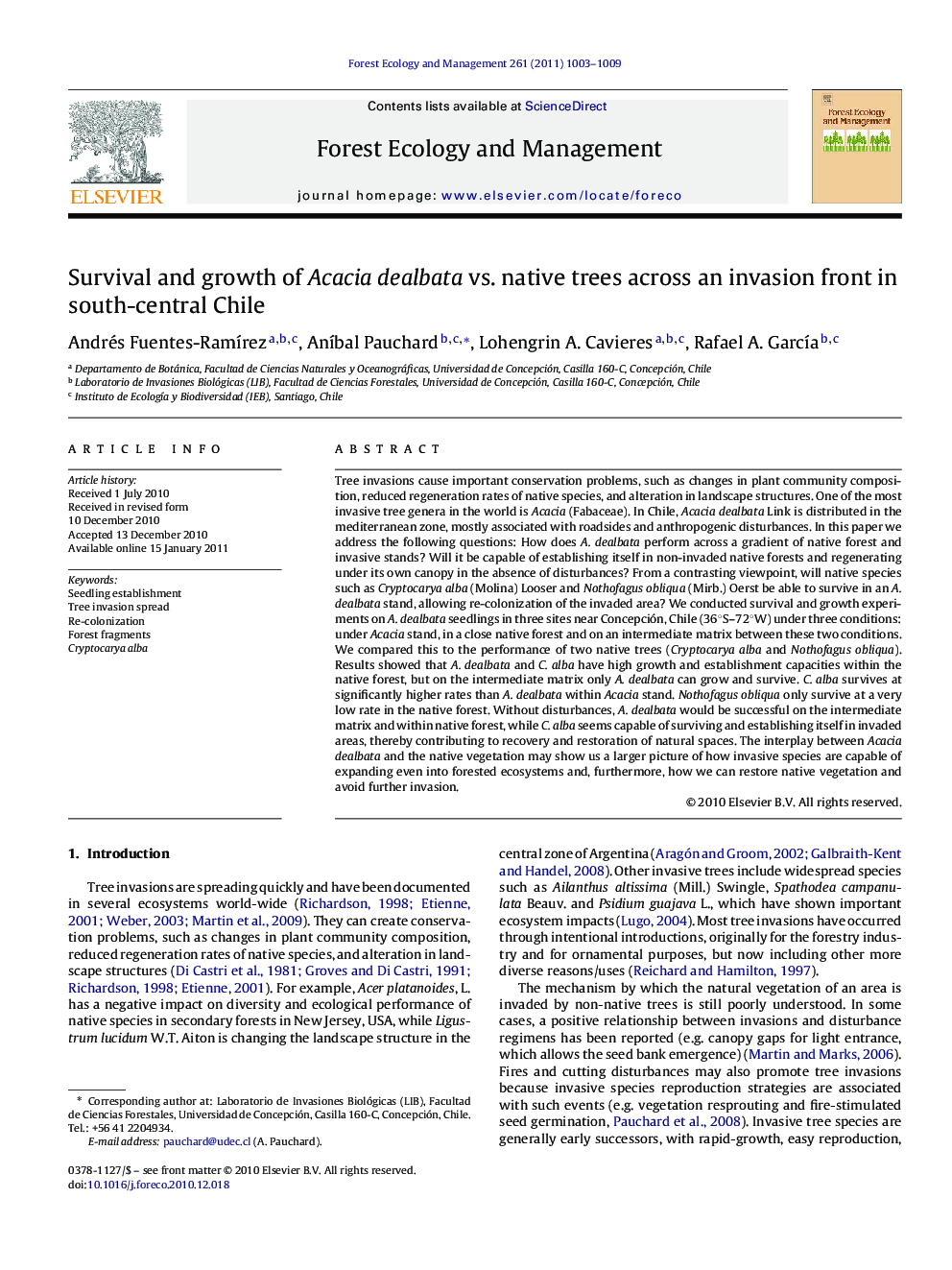 Survival and growth of Acacia dealbata vs. native trees across an invasion front in south-central Chile