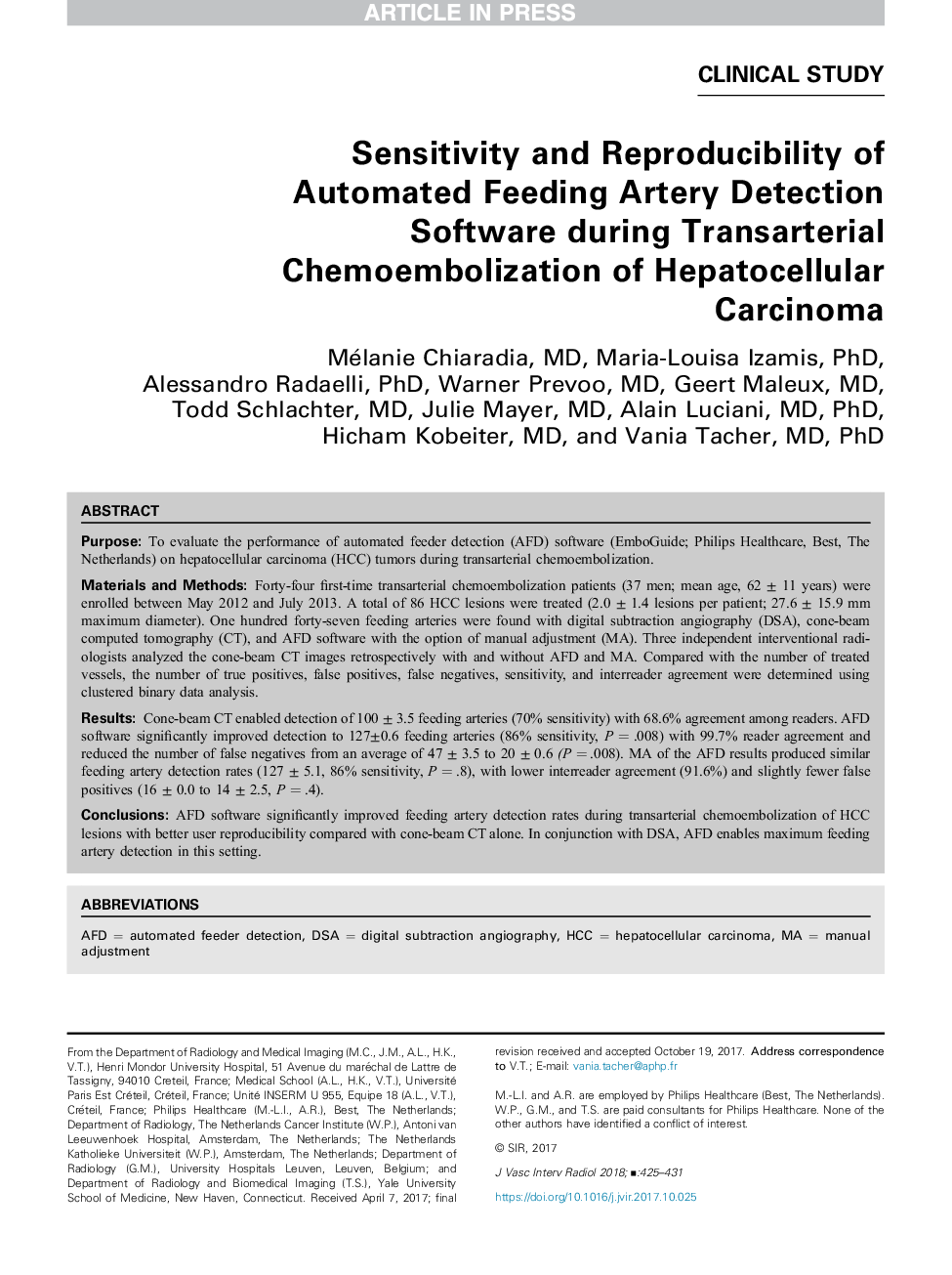Sensitivity and Reproducibility of Automated Feeding Artery Detection Software during Transarterial Chemoembolization of Hepatocellular Carcinoma