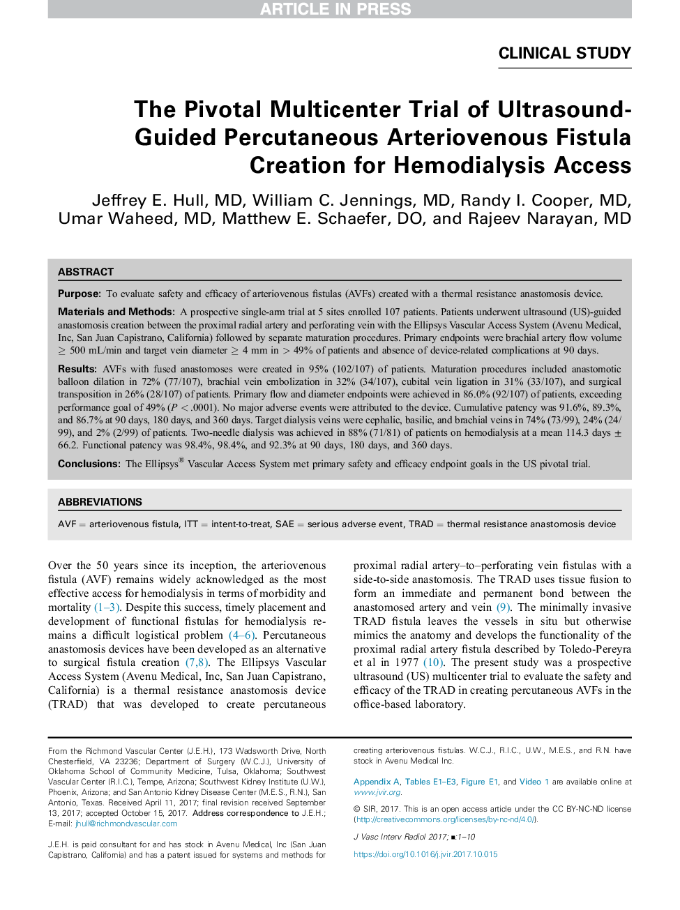 The Pivotal Multicenter Trial of Ultrasound-Guided Percutaneous Arteriovenous Fistula Creation for Hemodialysis Access