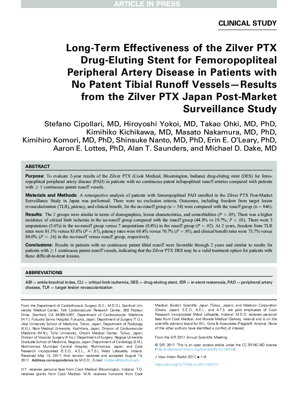 Long-Term Effectiveness of the Zilver PTX Drug-Eluting Stent for Femoropopliteal Peripheral Artery Disease in Patients with No Patent Tibial Runoff Vessels-Results from the Zilver PTX Japan Post-Market Surveillance Study