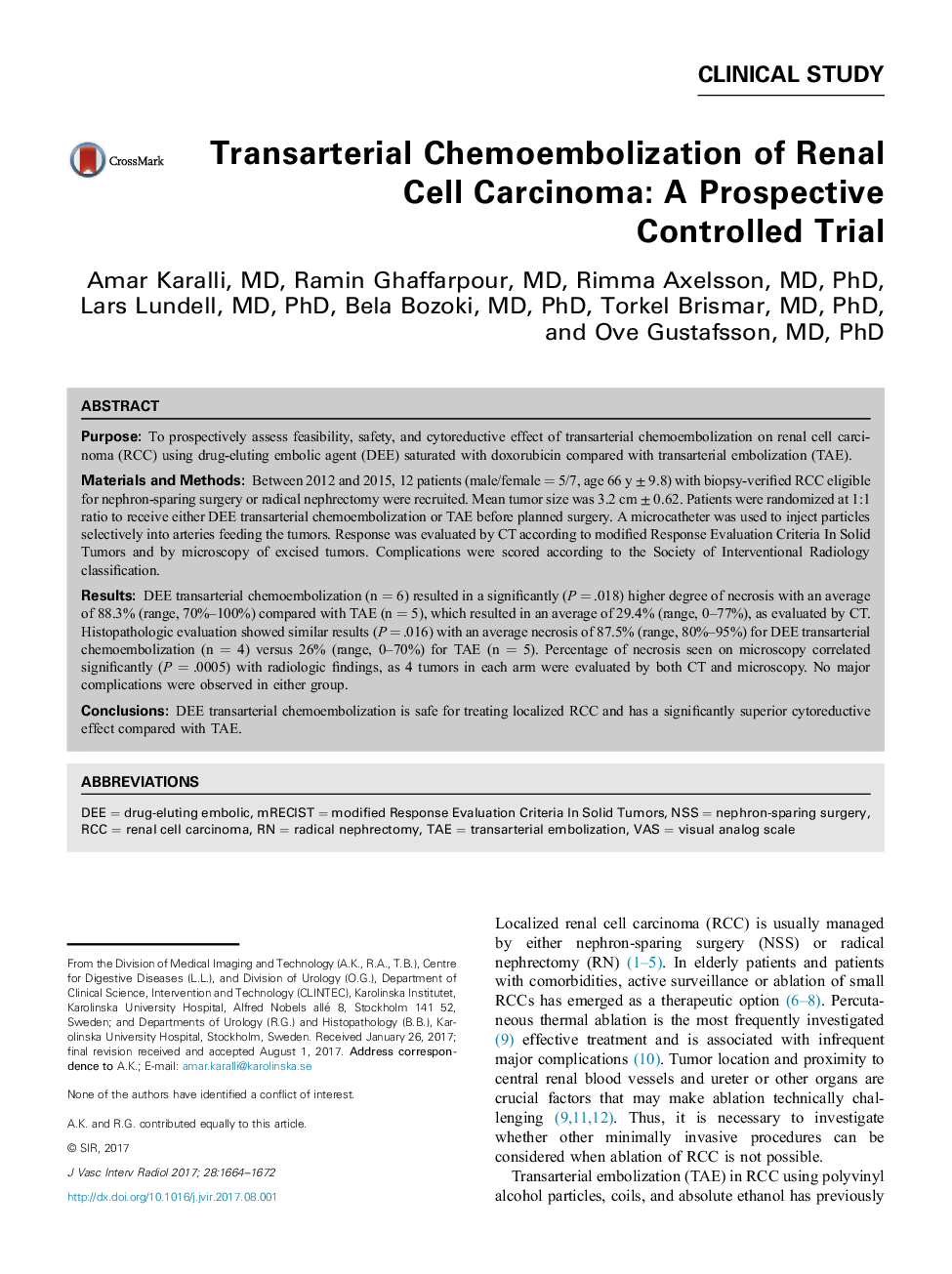 Transarterial Chemoembolization of Renal Cell Carcinoma: A Prospective ControlledÂ Trial