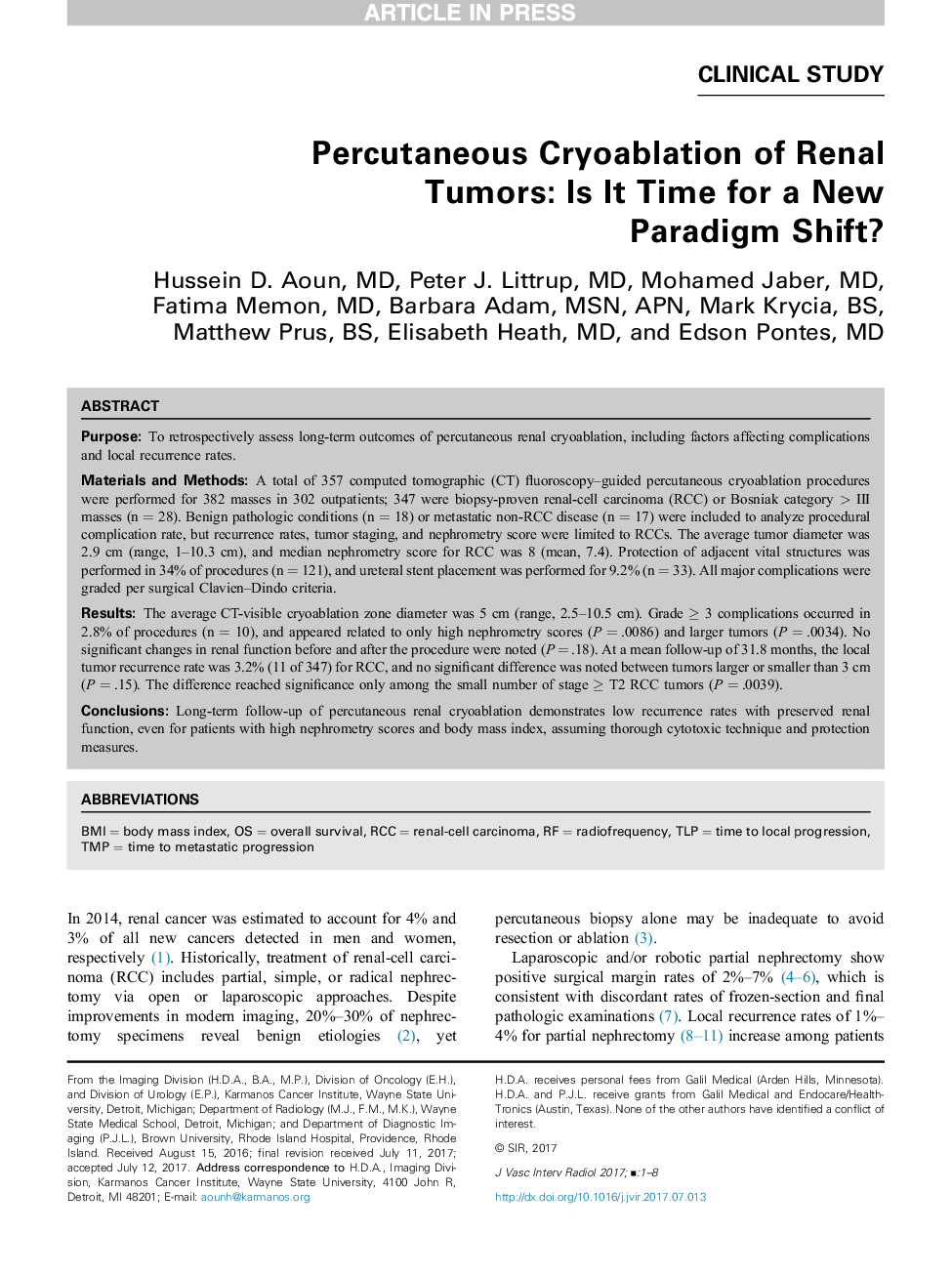 Percutaneous Cryoablation of Renal Tumors: Is It Time for a New ParadigmÂ Shift?