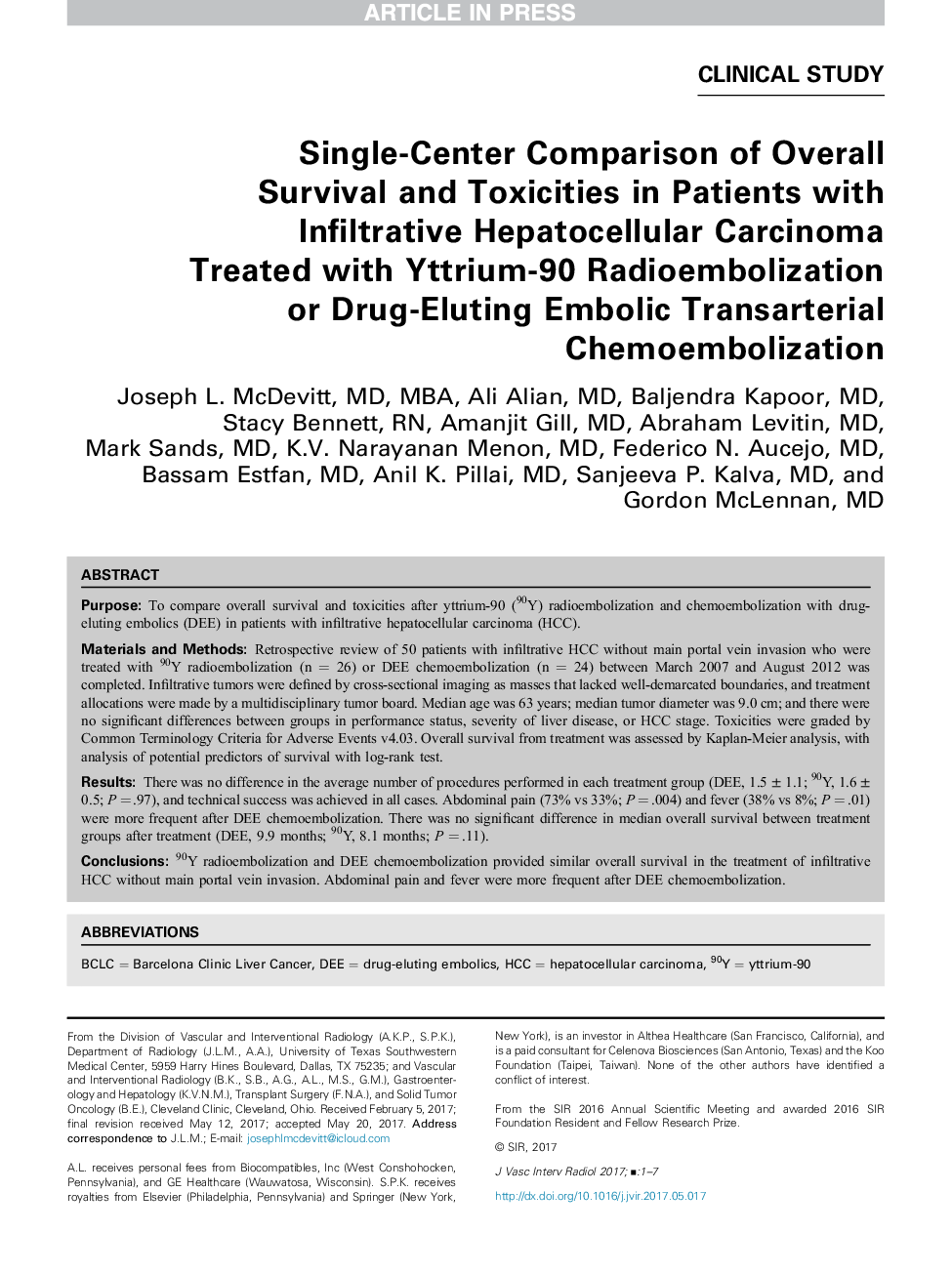 Single-Center Comparison of Overall Survival and Toxicities in Patients with Infiltrative Hepatocellular Carcinoma Treated with Yttrium-90 Radioembolization or Drug-Eluting Embolic Transarterial Chemoembolization