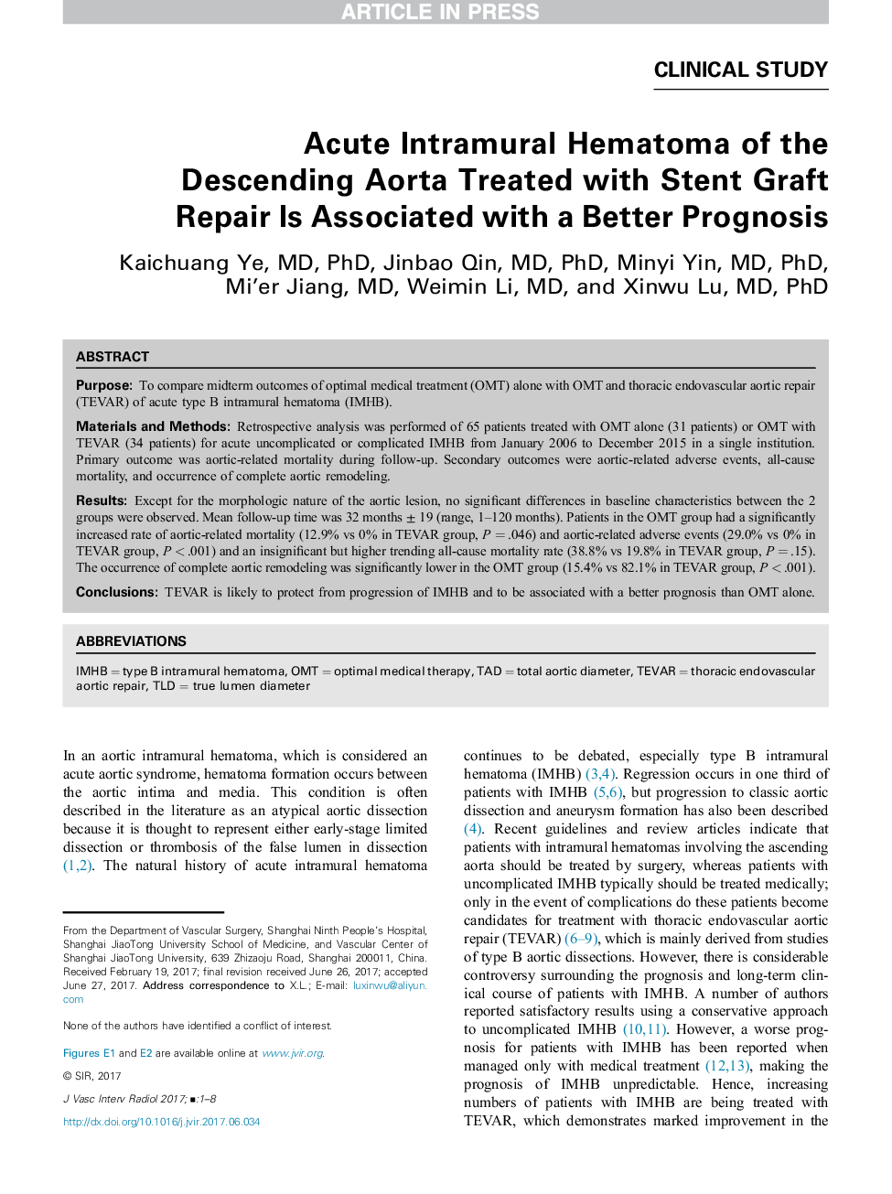 Acute Intramural Hematoma of the Descending Aorta Treated with Stent Graft Repair Is Associated with a Better Prognosis