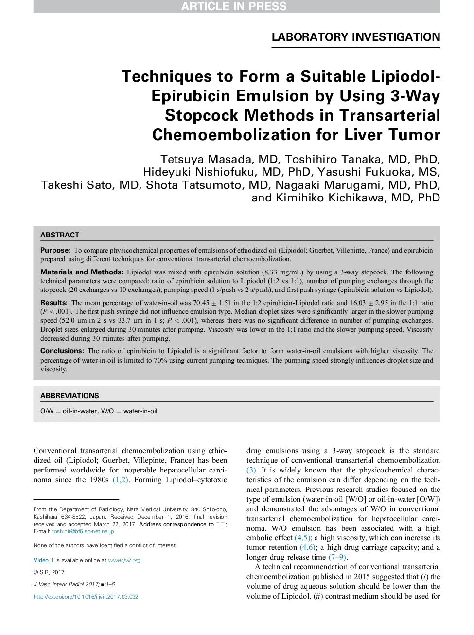 Techniques to Form a Suitable Lipiodol-Epirubicin Emulsion by Using 3-Way Stopcock Methods in Transarterial Chemoembolization for Liver Tumor