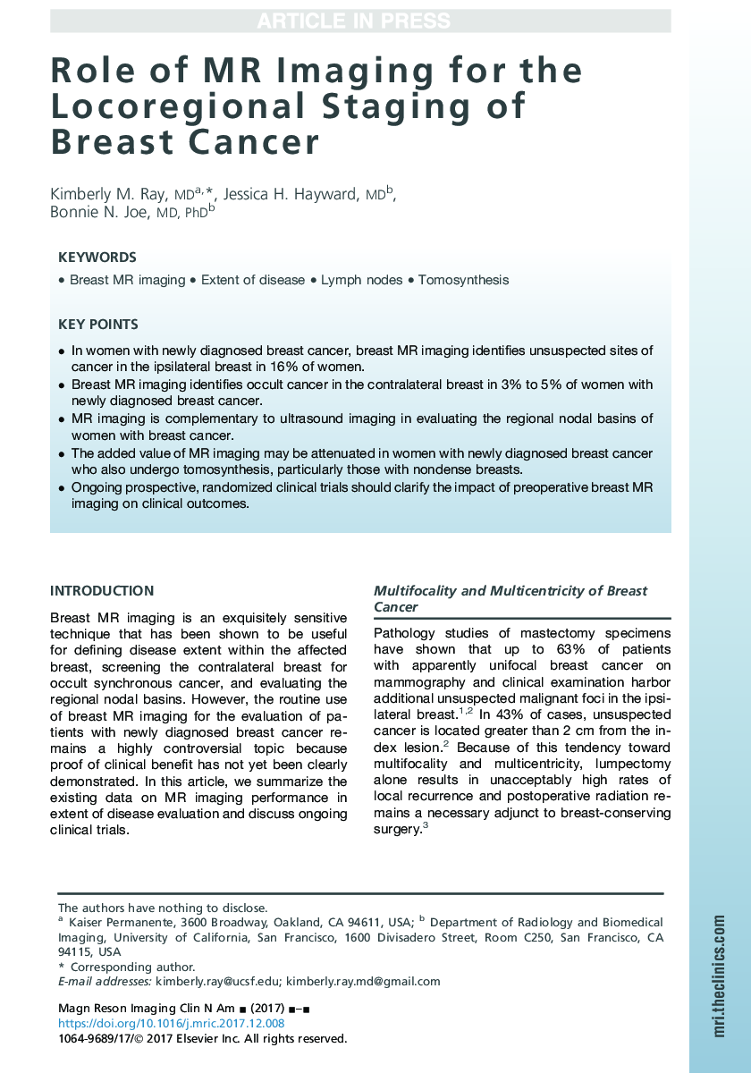 Role of MR Imaging for the Locoregional Staging of Breast Cancer