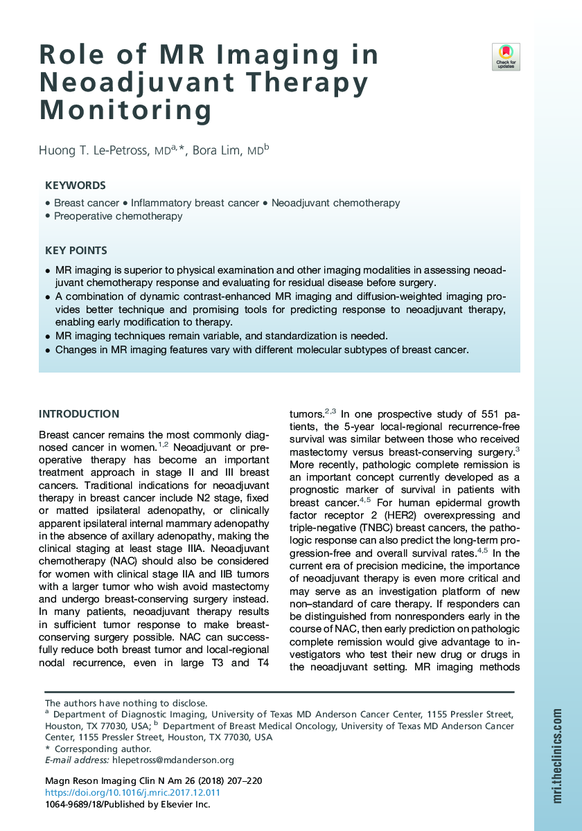 Role of MR Imaging in Neoadjuvant Therapy Monitoring