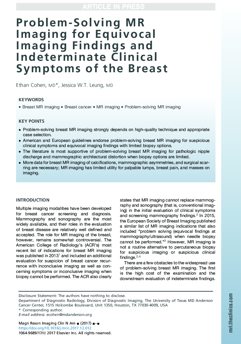 Problem-Solving MR Imaging for Equivocal Imaging Findings and Indeterminate Clinical Symptoms of the Breast